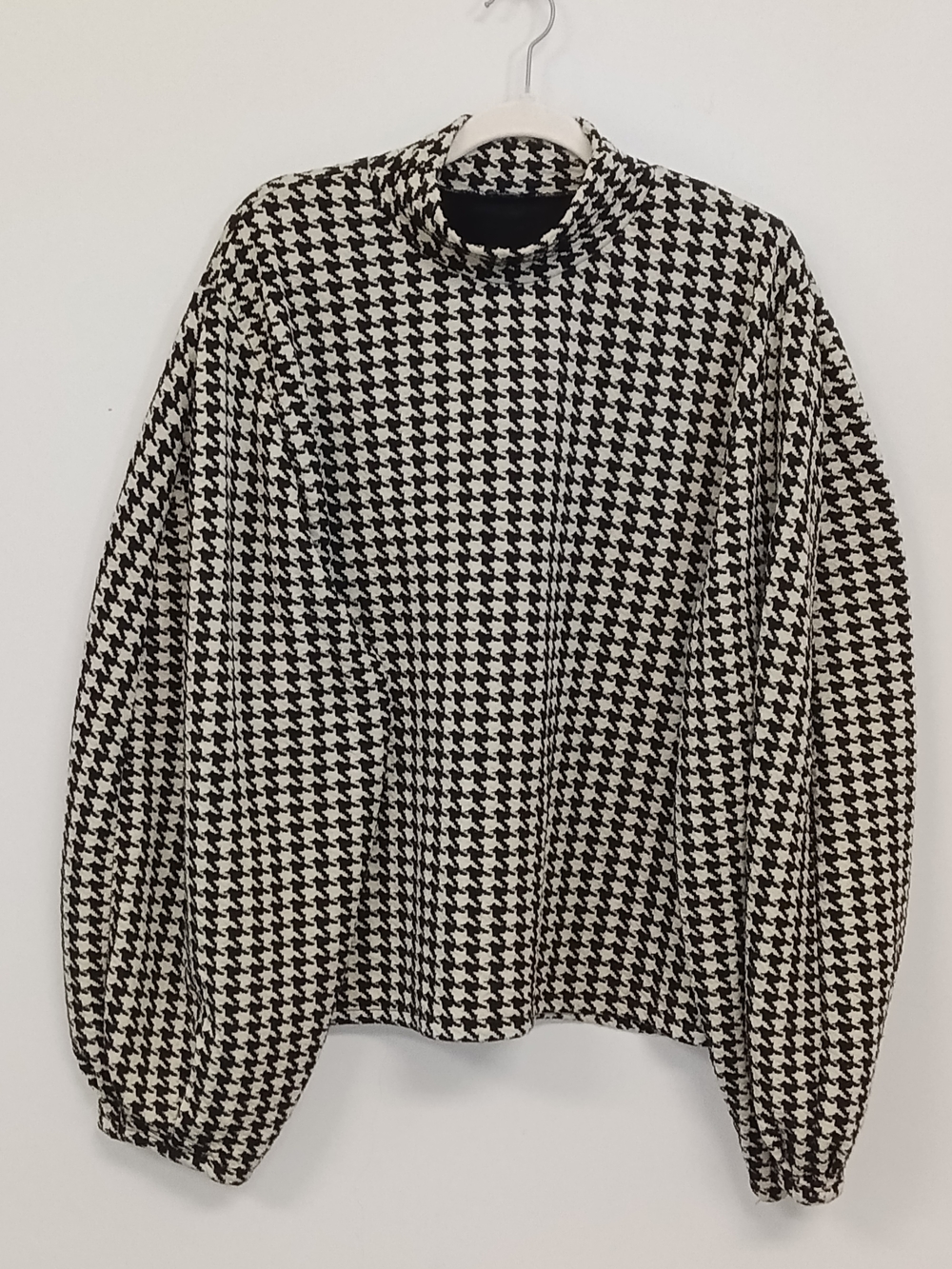 Zara Black Ivory Houndstooth Mock Neck Balloon Sleeve Knit Oversized Top Large
